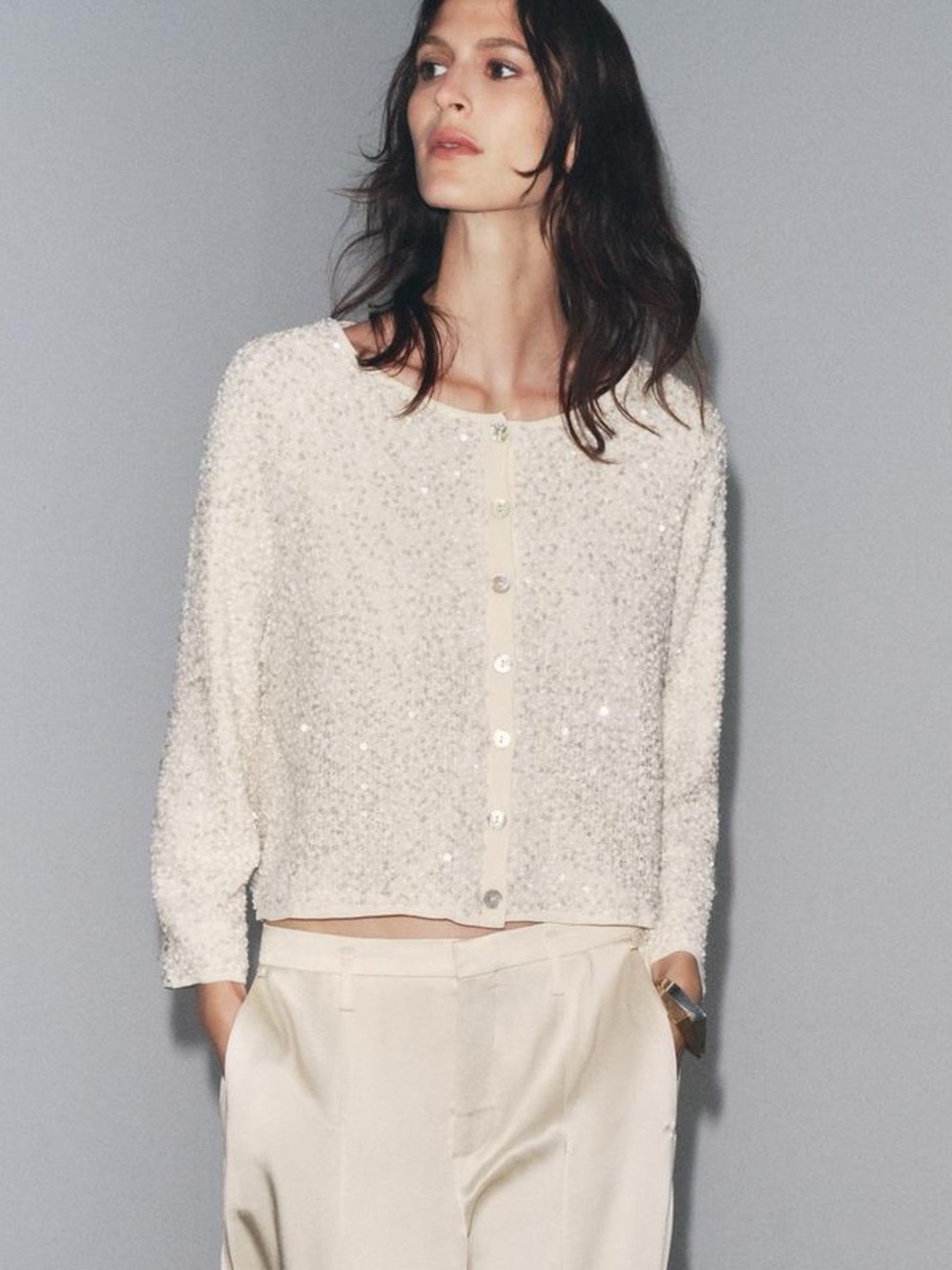 Zara Cream boucle sequin  knit sweater cardigan